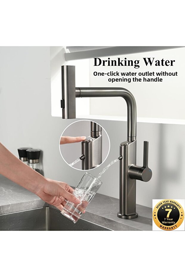 Kitchen Sink Faucet with Push-Pull Water Purification Outlet, 3-Function Faucet, Waterfall, Anthracite Color, 7 Years Warranty, Imported