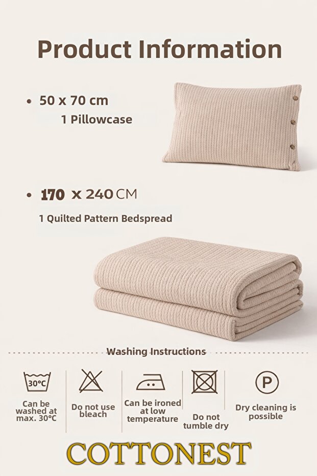 طقم غطاء سرير مفرد باللون البيج مع غطاء وسادة واحد - 3