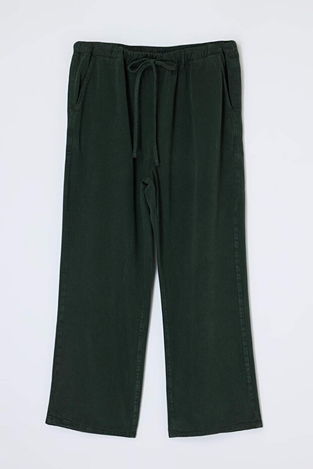 Haki Yüksek Lastikli Bel Tencel İnce Yazlık Geniş Paça/Wide Leg Büyük Beden Jeans TBBSS25AR00038 - 4