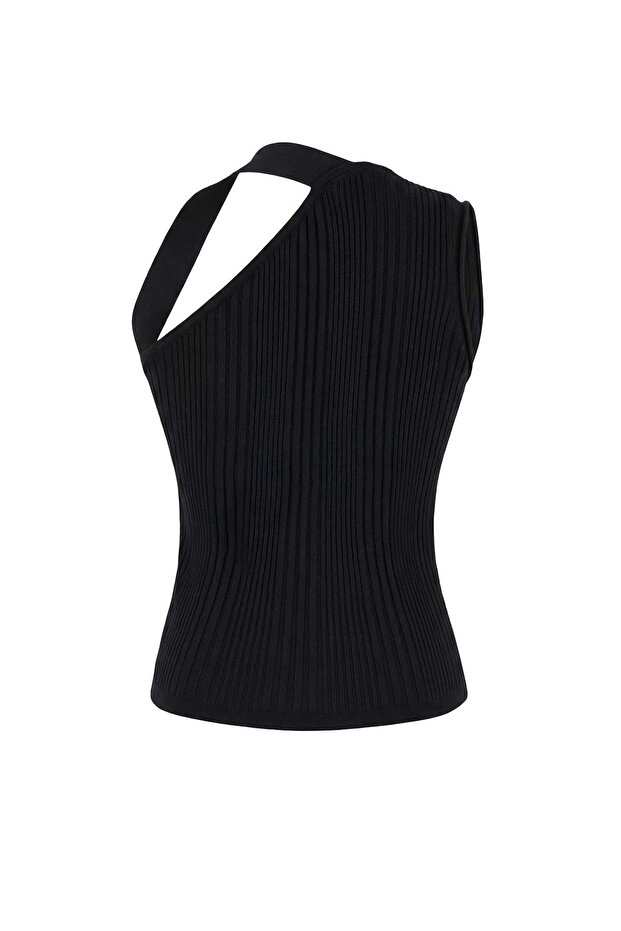 Limited Edition Siyah Şık Asimetrik Yaka Vücudu Saran Fitilli Triko Bluz TWOSS26BZ00320 - 5