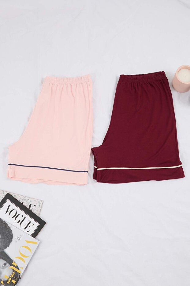 Bordo-Pembe Biyeli Viskon Yumuşak Tuşeli 2li Paket Büyük Beden Pijama Altı TBBSS26IA00006 - 6