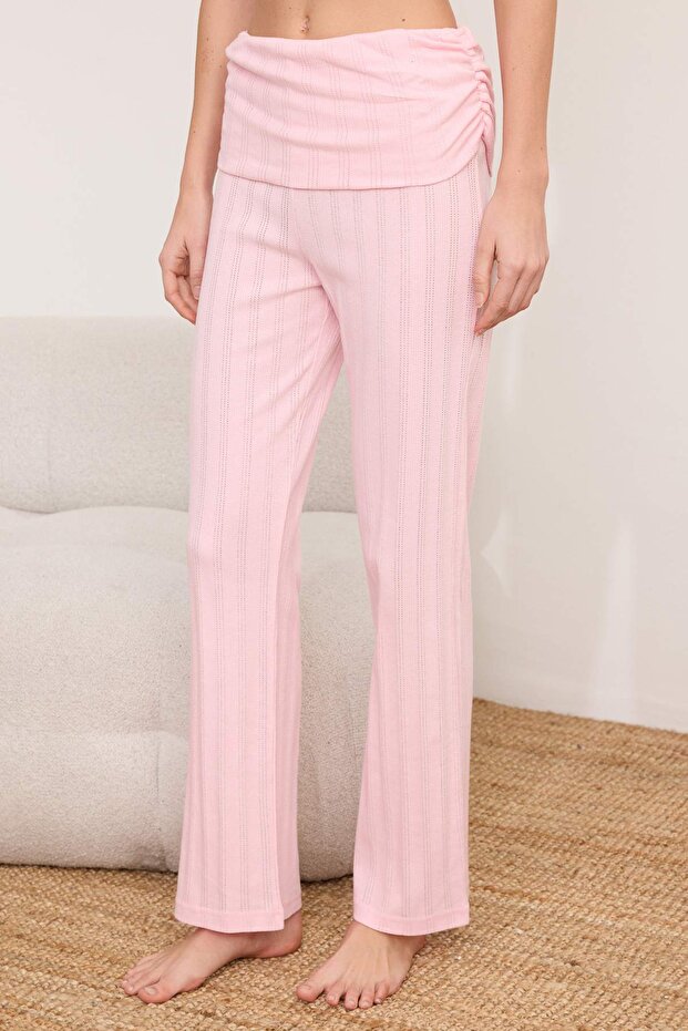 Açık Pembe %100 Pamuklu Bel Detaylı Fitilli/Pointel Örme Pijama Takımı THMSS26PT00037 - 6