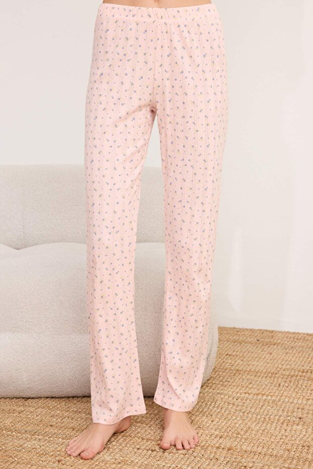 Pembe %100 Pamuklu Çiçekli Dantel Detaylı Fitilli/Pointel Örme Pijama Takımı THMAW26PT00165 - 3
