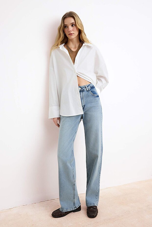 Mavi Yüksek Bel Straight Az Esnek Düz Kesim Jeans TWOSS26JE00100 - 1