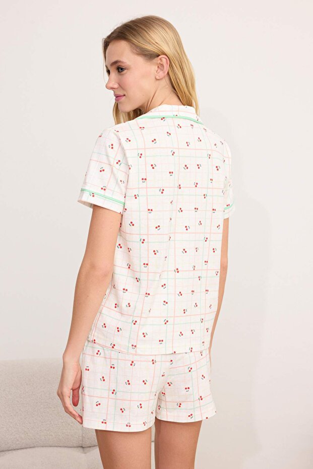 Beyaz Çok Renkli %100 Pamuklu Kiraz Desenli Biyeli Örme Pijama Takımı THMSS26PT00088 - 4