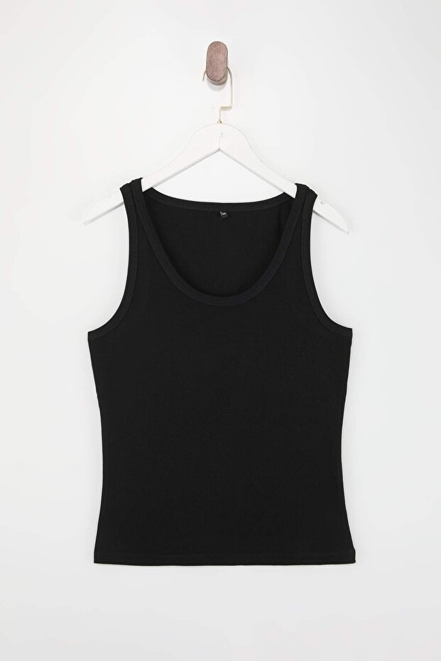 Siyah Havuz Yaka Basic Kaşkorse Örme Büyük Beden Atlet TBBSS26CV00009 - 5