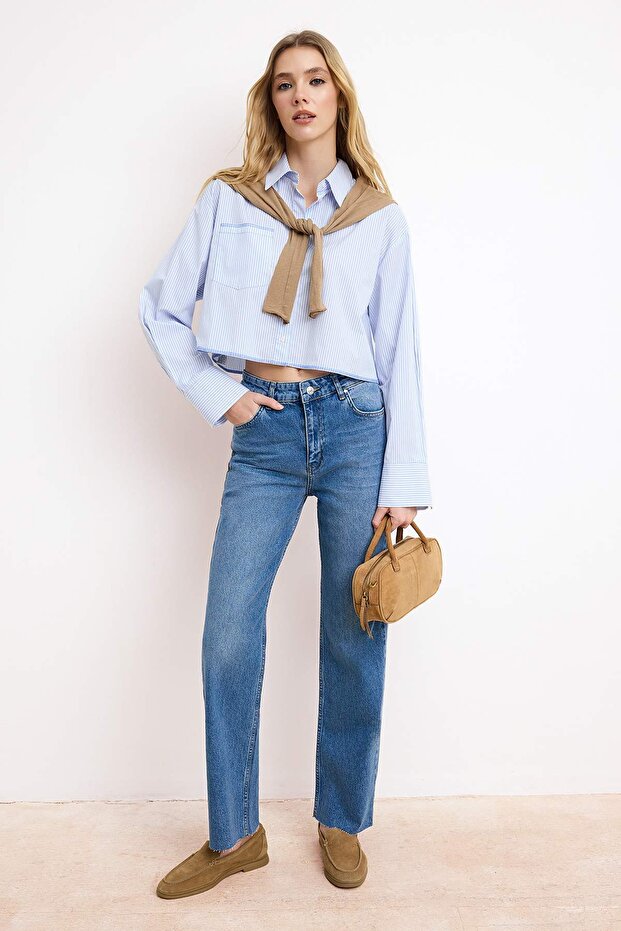 Mavi Kesik Paça Yüksek Bel Az Esnek Straight Düz Kesim Jeans TWOSS26JE00094 - 1