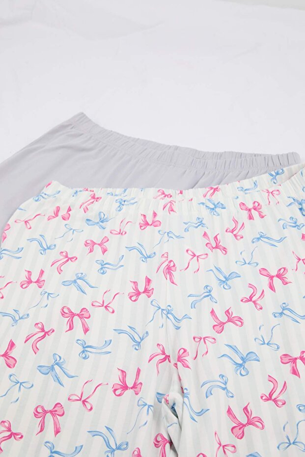 Çok Renkli-Gri Çiçekli Yumuşak Tuşeli 2'li Kapri Boy Büyük Beden Pijama Altı TBBSS26IA00008 - 9