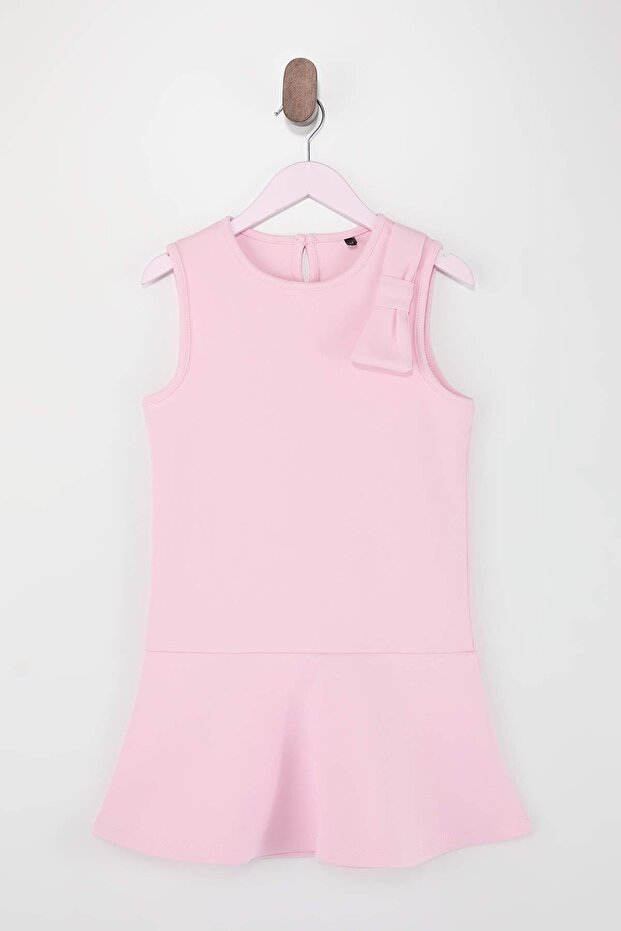 Pembe Fiyonk Detaylı Kız Çocuk 23 Nisan Mini/ Kısa Düz Örme Elbise - 3