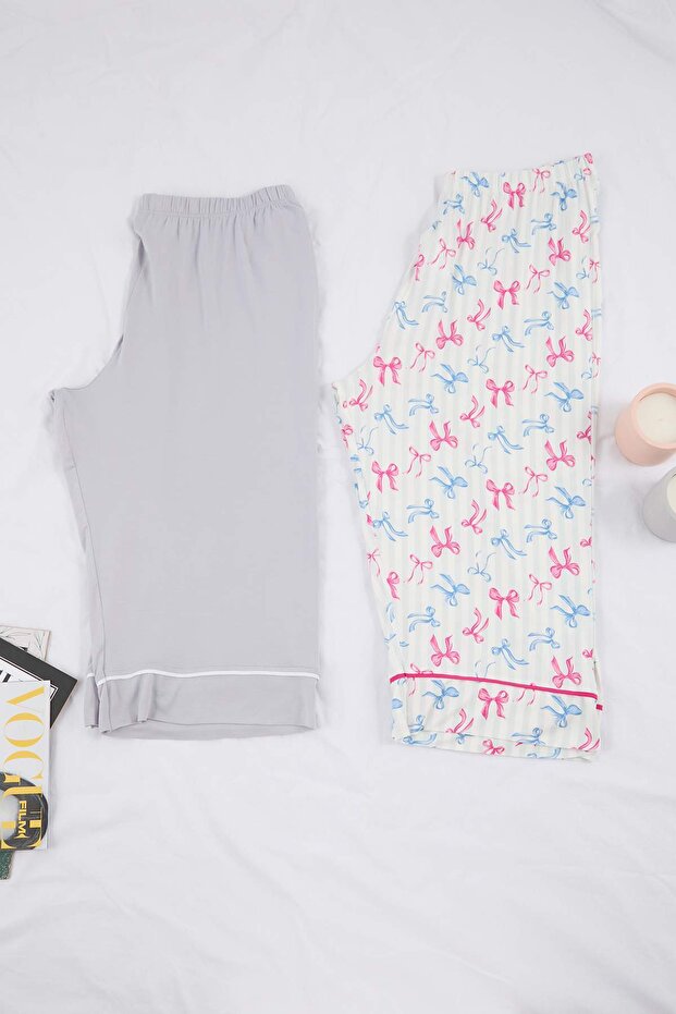 Çok Renkli-Gri Çiçekli Yumuşak Tuşeli 2'li Kapri Boy Büyük Beden Pijama Altı TBBSS26IA00008 - 8