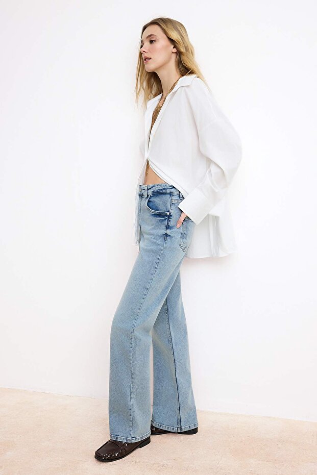 Mavi Yüksek Bel Straight Az Esnek Düz Kesim Jeans TWOSS26JE00100 - 2
