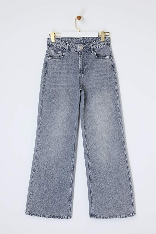 Premium Gri Özel Kumaş Normal Bel 100% Pamuk Wide Leg Geniş Paça Jeans TWOSS26JE00156 - 10