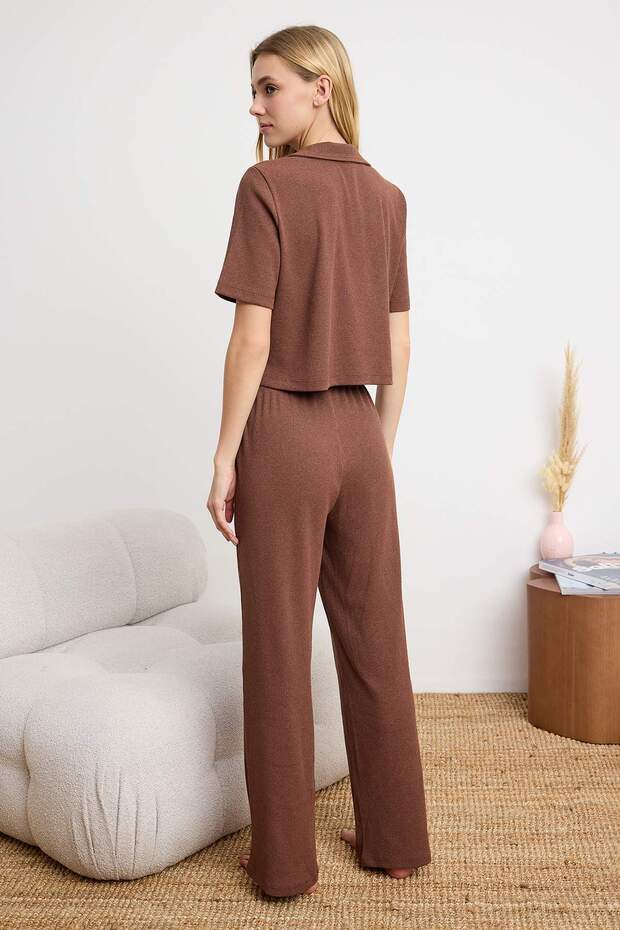 Kahverengi Ayıcık Nakışlı Fitilli Örme Pijama Takımı THMSS21PT0168 - 4