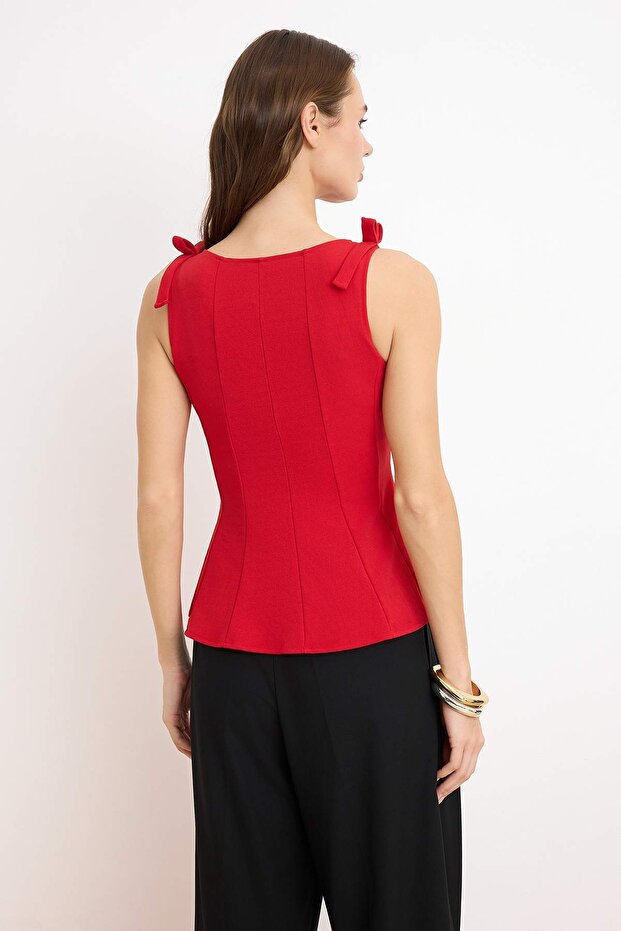 Kırmızı Sıfır Kol Peplum Belden Oturmalı Omuz Fiyonk Detaylı Örme Bluz TWOSS25BZ00482 - 4