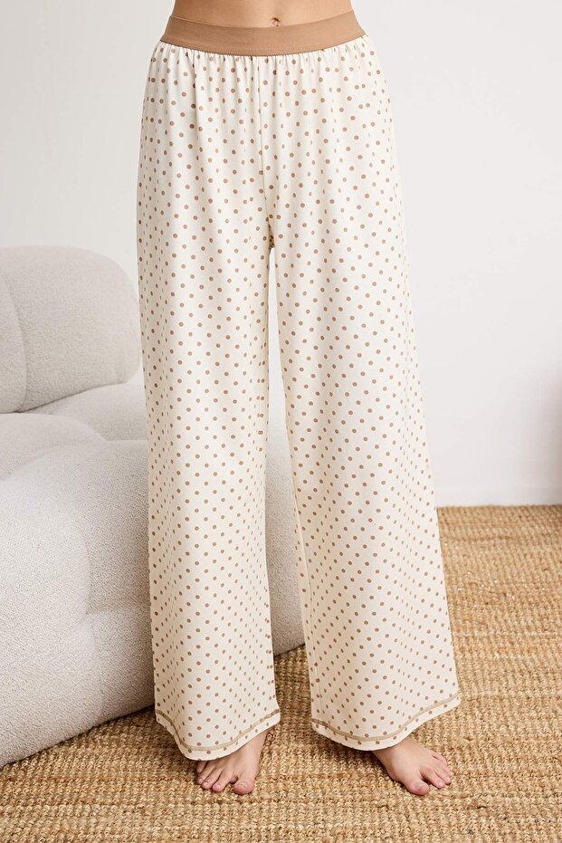 Ekru %100 Pamuklu Puantiyeli Bel Lastik Detaylı Örme Pijama Takımı THMSS26PT00059 - 3
