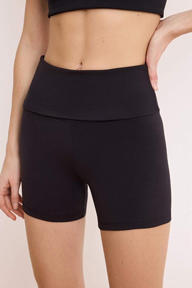 Siyah Bel Katlamalı Fırçalı Soft Kumaş Spor Tayt THMSS26TY00011 - 4