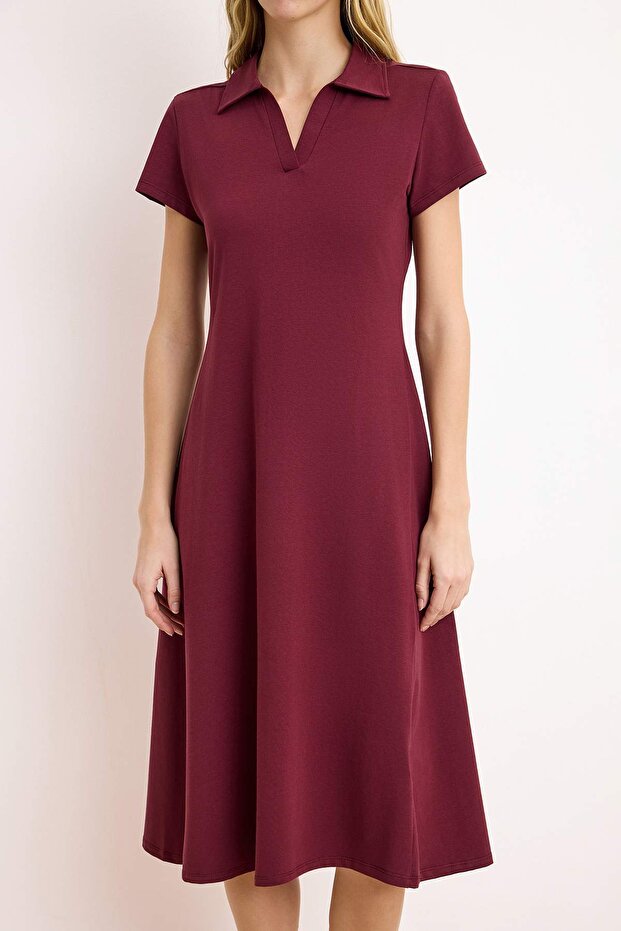 Bordo Polo Yaka Skater/Belden Açılan Pamuklu Esnek Örme Midi Elbise TWOSS24EL00480 - 3