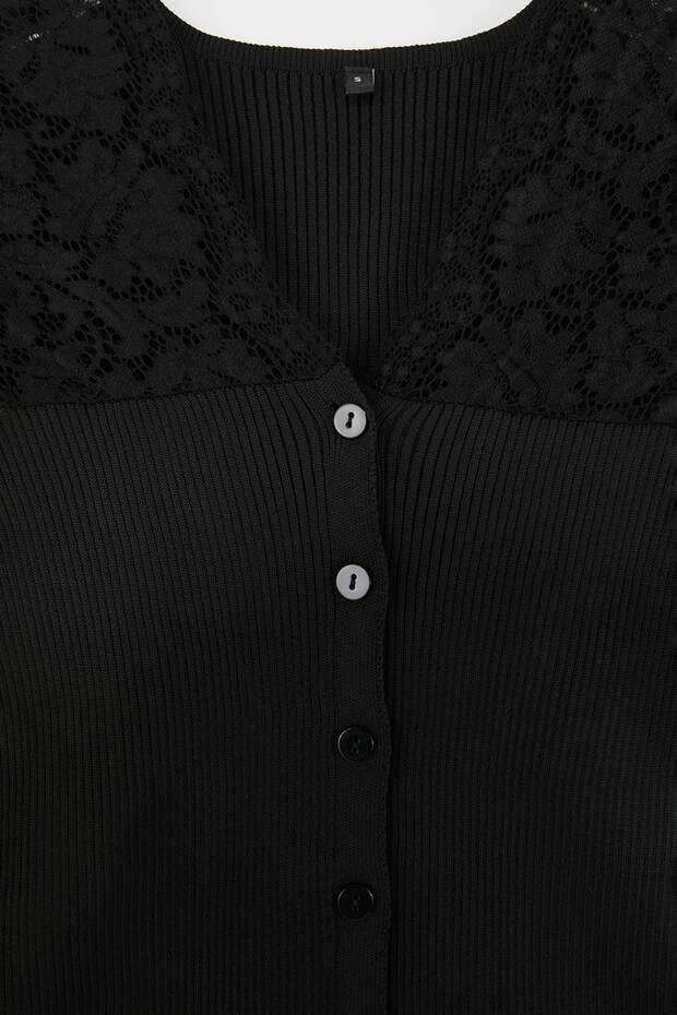 Siyah V Yaka Dantel Detaylı Fitted Fitilli Triko Bluz TWOSS26BZ00124 - 9
