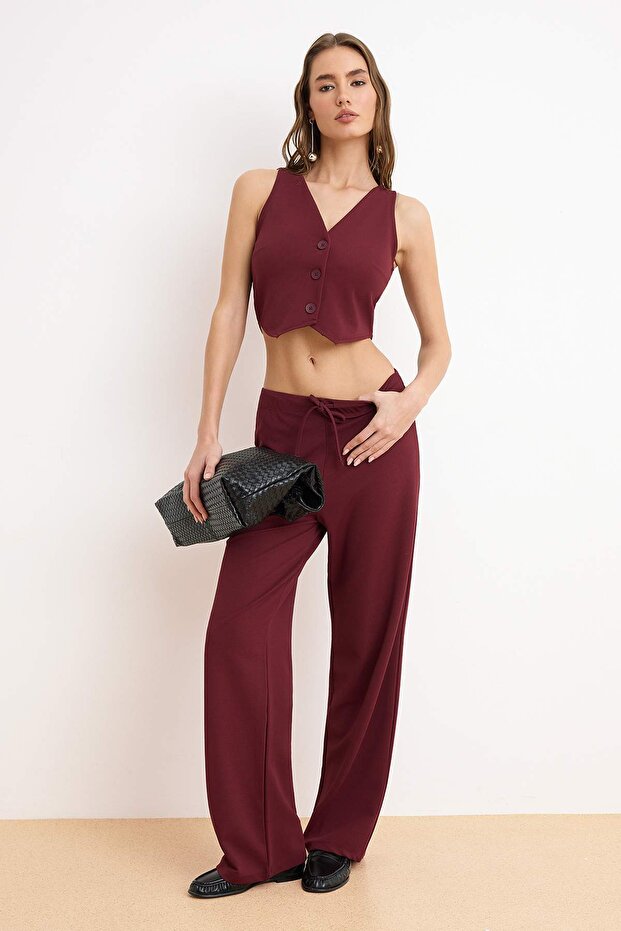 Burgundy Buttoned V-Neck Wide Leg Knitted Vest/Pants Bottom-Top Set Twoss24Au00017
