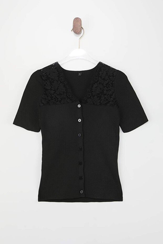 Siyah V Yaka Dantel Detaylı Fitted Fitilli Triko Bluz TWOSS26BZ00124 - 8