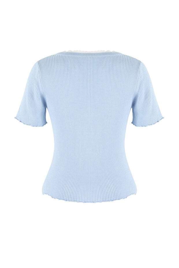 Bebe Mavisi V Yaka Dantel Detaylı Renk Bloklu Fitted İnce Triko Bluz TWOSS26BZ00292 - 6