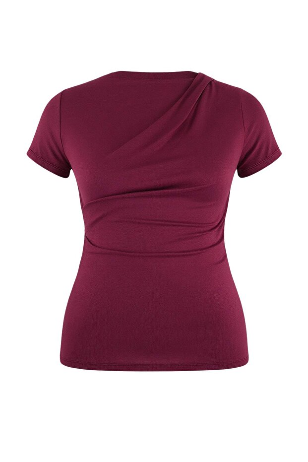 Bordo Büzgü/Drape Detaylı Fitted/Vücuda Oturan Örme Büyük Beden Bluz TBBSS26AF00075 - 5