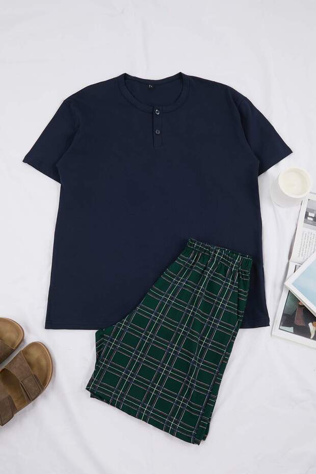 Lacivert Regular Düğmeli Yaka Ekose Pamuklu Pijama Takımı TMNSS26PT00012 - 3