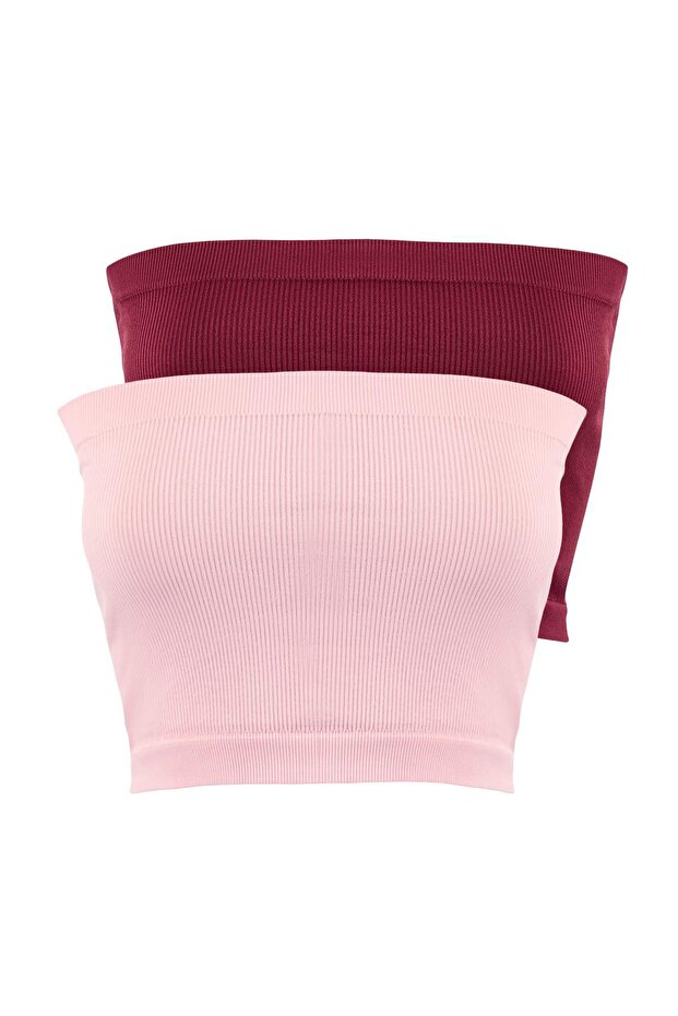 Bordo-Pembe 2'li Paket Seamless/Dikişsiz Fitilli Straplez Örme Spor Sütyeni TWOSS21SS0061 - 8