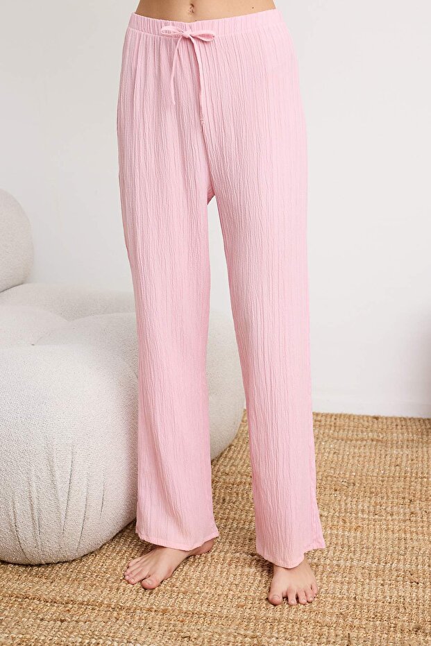 Pembe Bağlama Detaylı İp Askılı Dokuma Pijama Takımı THMSS24PT00402 - 3