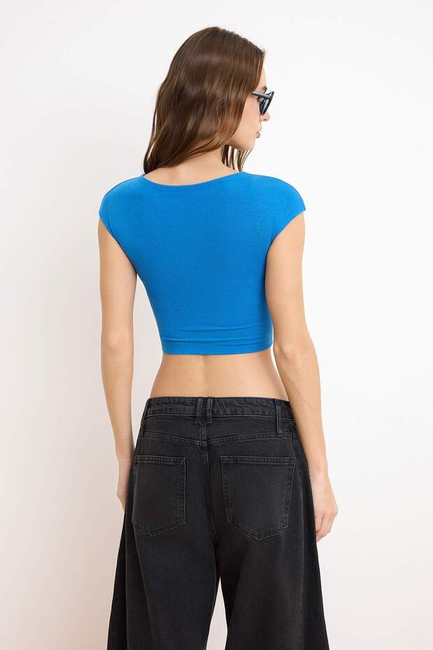 Saks Bisiklet Yaka Ay Kol Fitted/Vücuda Oturan Crop Örme Bluz TWOSS24BZ00446 - 4