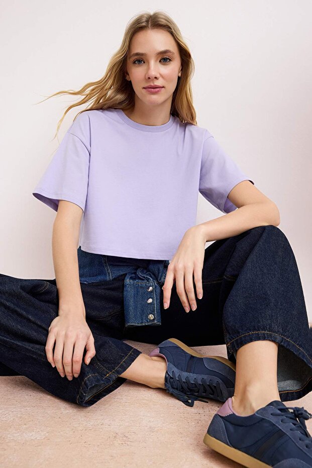 Lila Relaxed/Rahat Kalıp %100 Kalın Pamuklu Crop Örme T-Shirt TWOSS23TS00038 - 2
