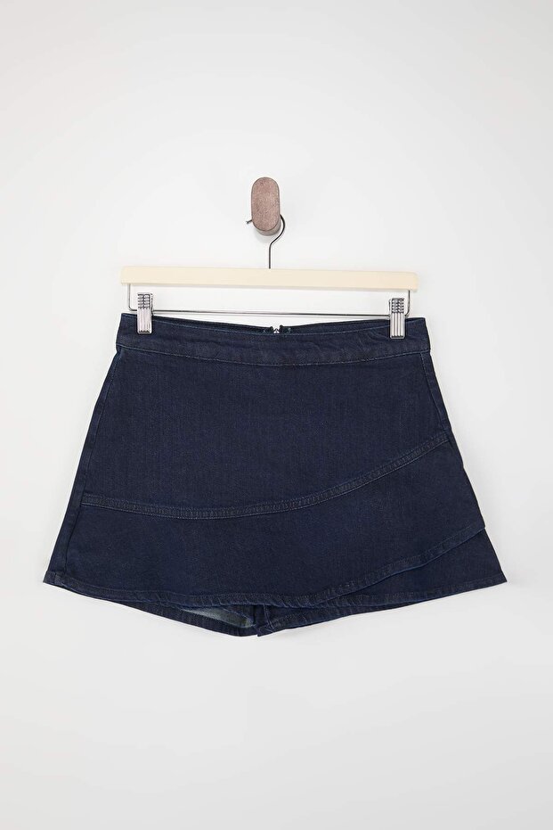 Koyu Mavi Volanlı %100 Pamuk Denim Şort Etek TWOSS26SR00031 - 6