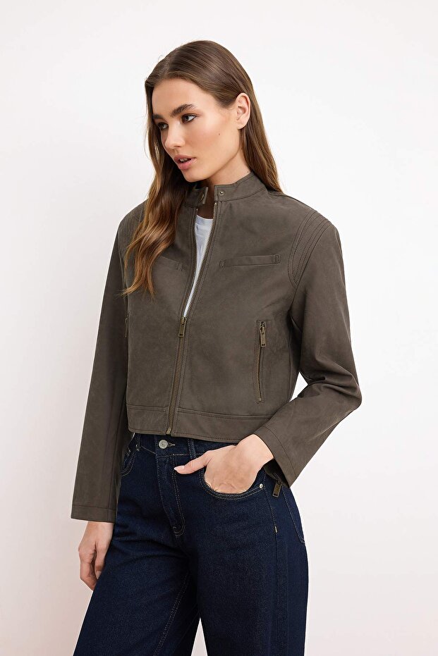 Brown Fitted Mold Faux Leather Slim Jacket Coat Twoaw26Mo00009