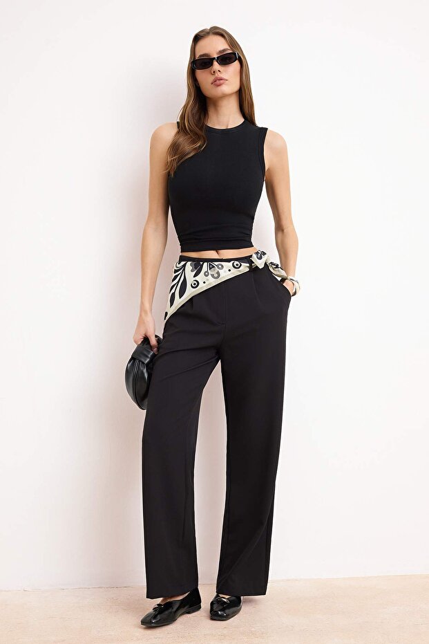 Siyah Yüksek Bel Wide Leg/Geniş Paça Pileli Dokuma Kumaş Pantolon TWOAW21PL0076 - 3