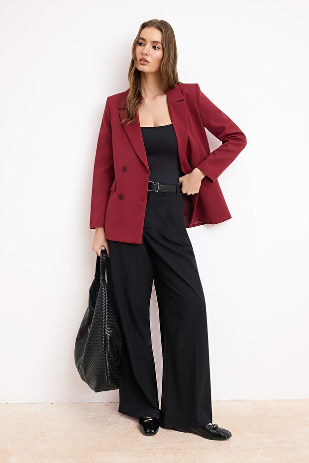 Bordo Regular Astarlı Kruvaze Kapama Dokuma Blazer Ceket TWOAW21CE0264 - 2