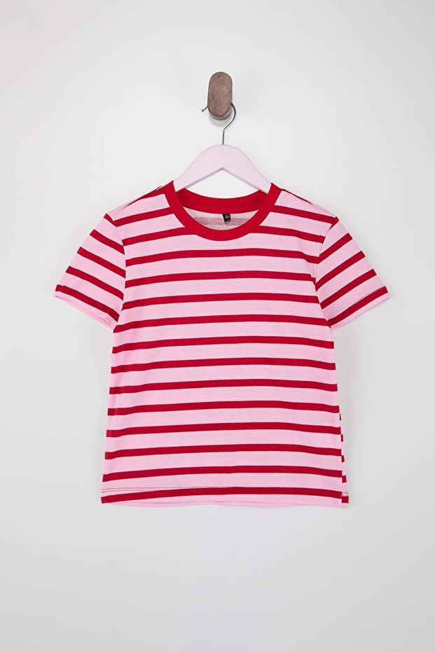 Pembe-Mavi-Lila 3'lü Düz Örme T-Shirt TKDSS25TS00023 - 2