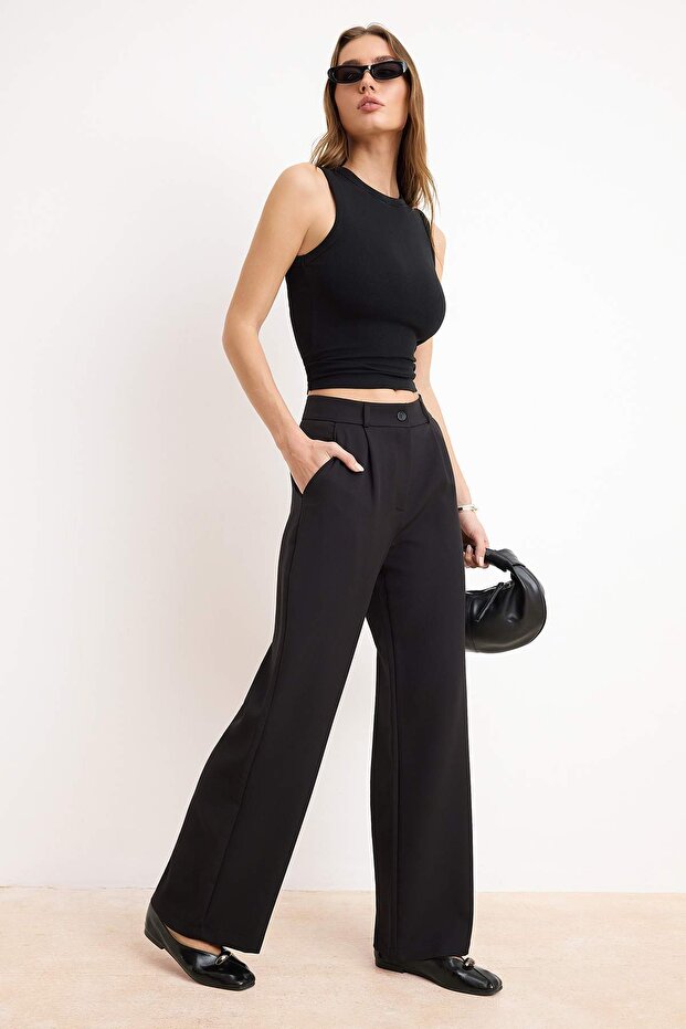 Siyah Yüksek Bel Wide Leg/Geniş Paça Pileli Dokuma Kumaş Pantolon TWOAW21PL0076 - 4