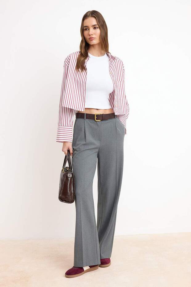 Antrasit Palazzo/Extra Geniş Paça Dokuma Kumaş Pantolon TWOSS23PL00062 Palazzo - 2