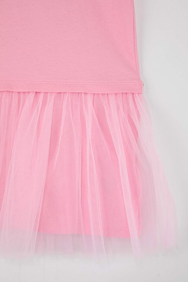 Pembe Kız Çocuk Tül Kısa / Mini Düz Örme Elbise TKDSS26EL00016 - 4