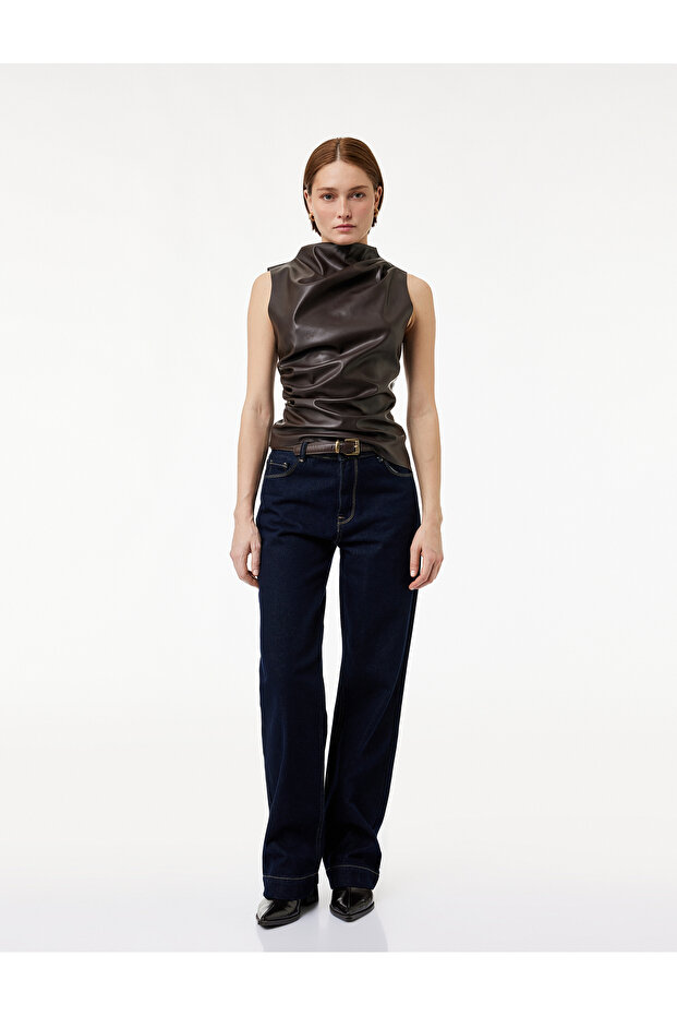 Slim Fit Draped Round Lightweight Mock Neck Sleeveless Faux Leather Blouse