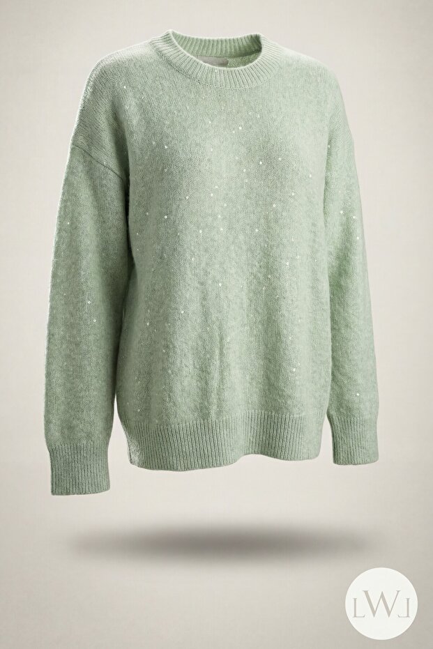 Crew Neck Relaxed Fit Soft Textured Shimmering Green Knitwear Women's Sweater