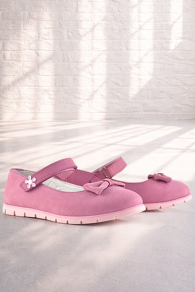 Genuine Leather Pink Bow Flower Detailed Velcro Girls' Ballerinas