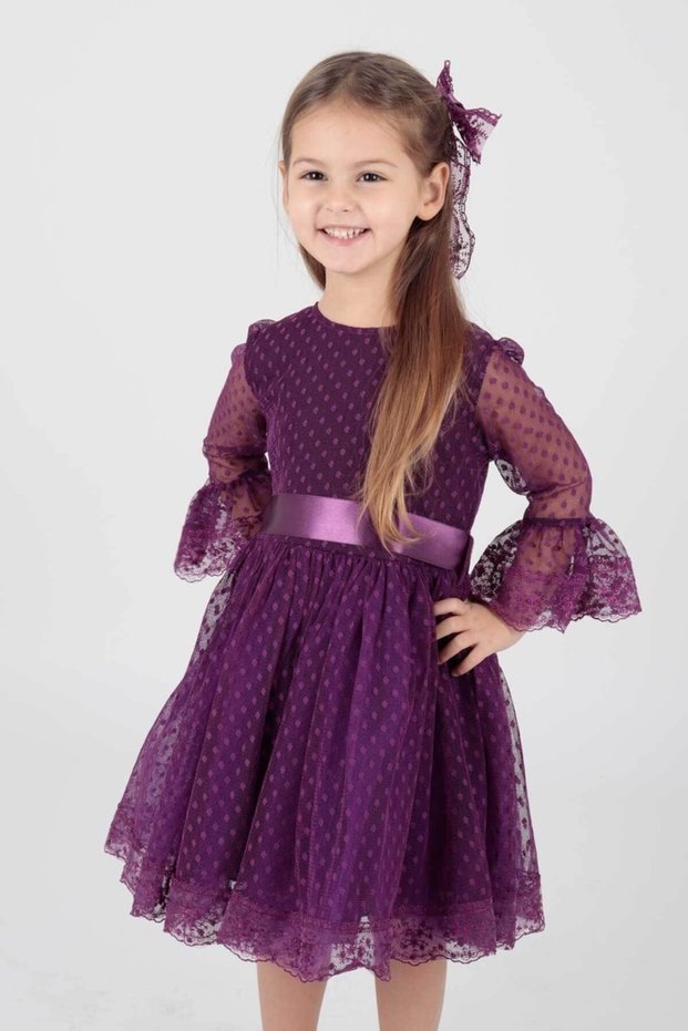 Kids Girls Buckled and Tulle Lace Trendy Evening Dress Ak2209