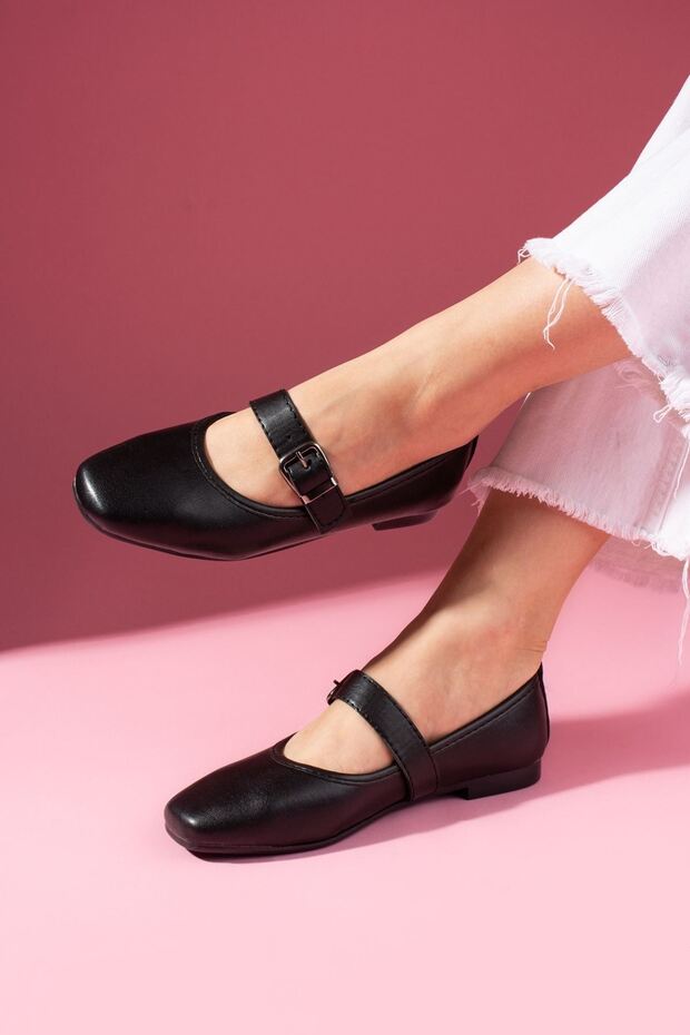 Lorena Black Patent Leather Gold Buckle Thick Strap Ballerinas