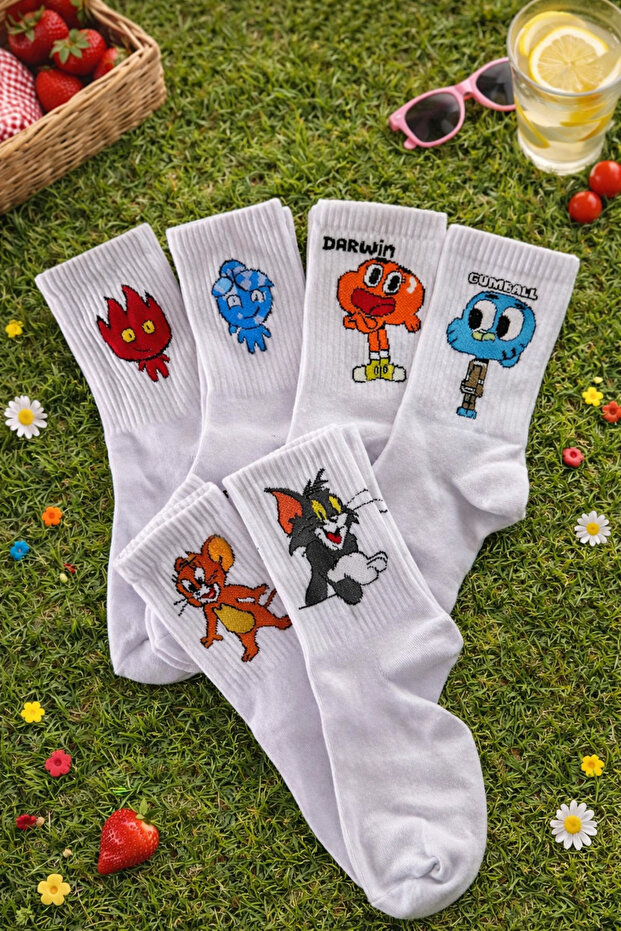 6-Piece Cute Character Fire & Water Cotton College Socks
