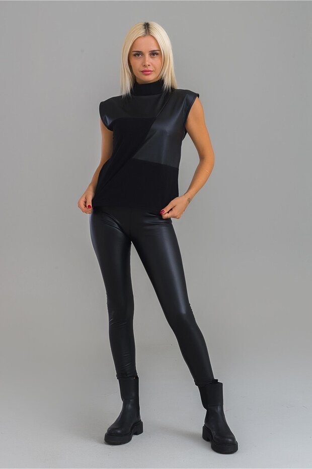 Women's Black Color Faux Leather Combination Cotton Lycra Sleeveless High Collar Tunic