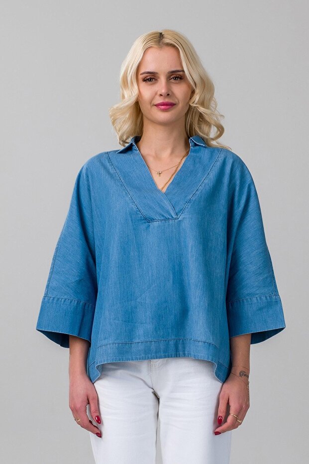 Women's Shirt Collar Neck Indigo Blue Thin Denim Fabric Blouse with Cuffs on the Sleeve