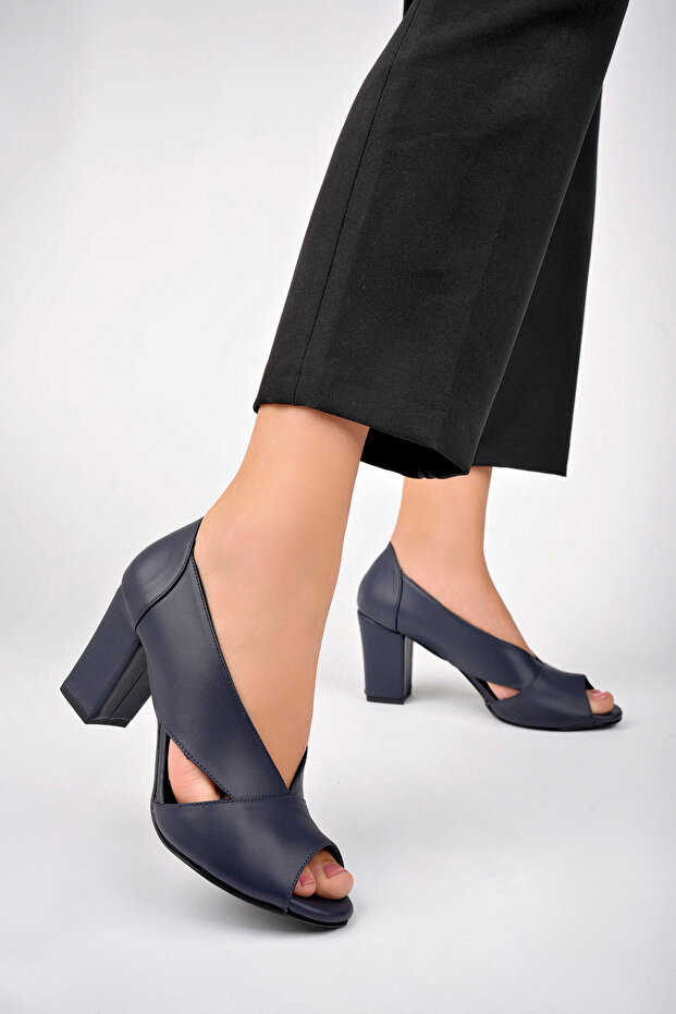 Genuine Leather Navy Women's Heeled Leather Shoes Shn-0072