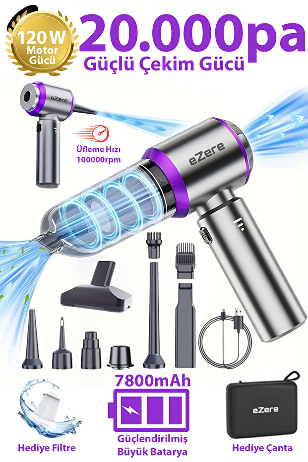 7800 mAh Güçlendirilmiş Pil 20000pa Güçlü Portatif Vakumlu Kablosuz Üflemeli Mini Araç Süpürgesi - 1
