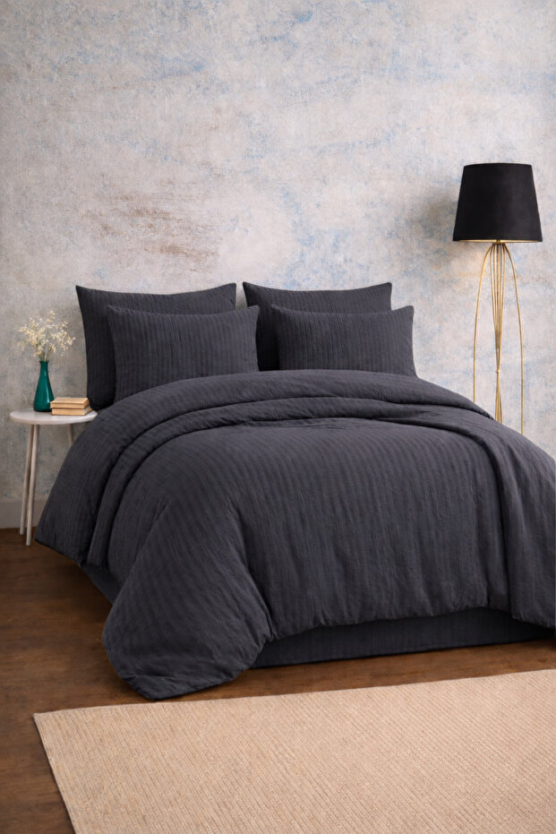 Premium Anthracite Color Cotton Satin Double Duvet Cover Set